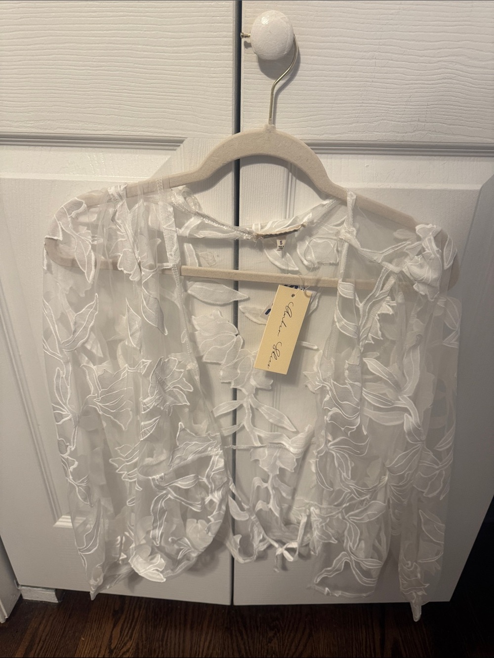 Delicate White Sheer Embroidered Tie-Back Blouse